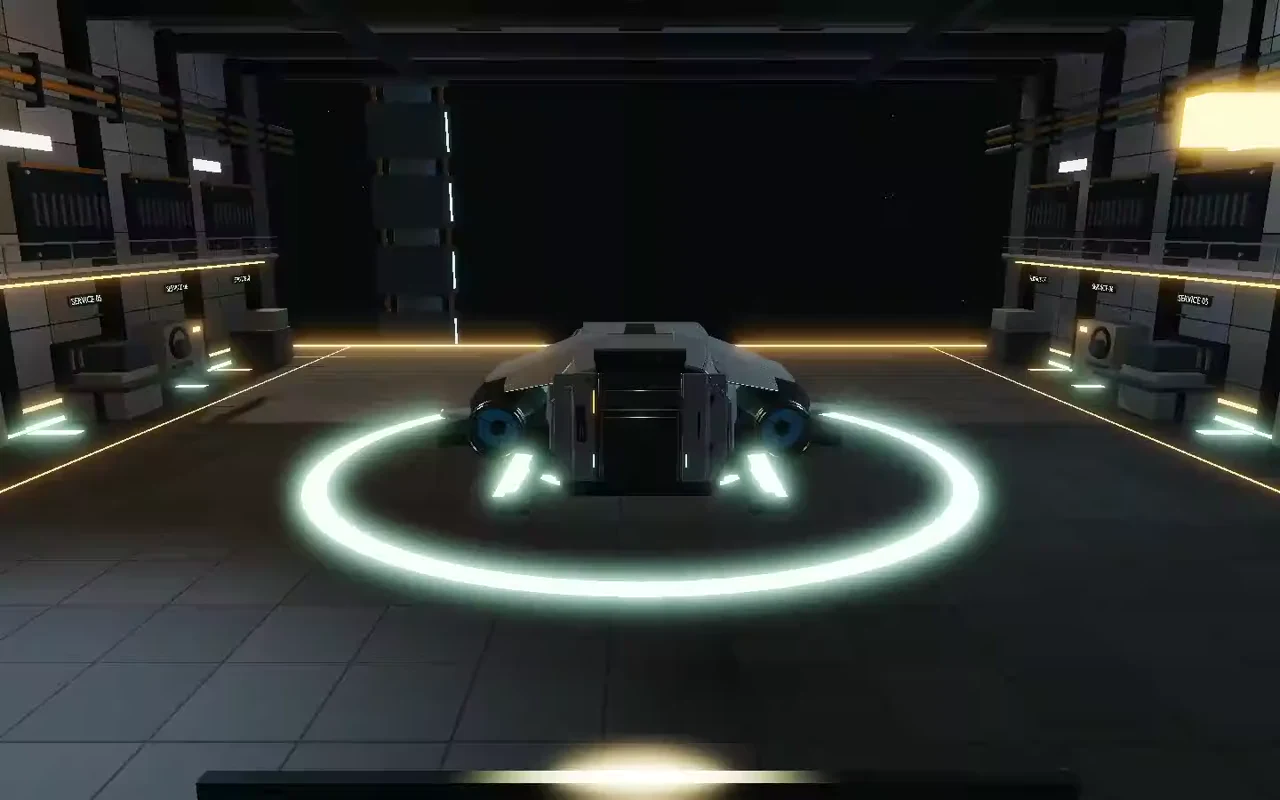 A Nomad parked on the lit deck of an orbital hangar