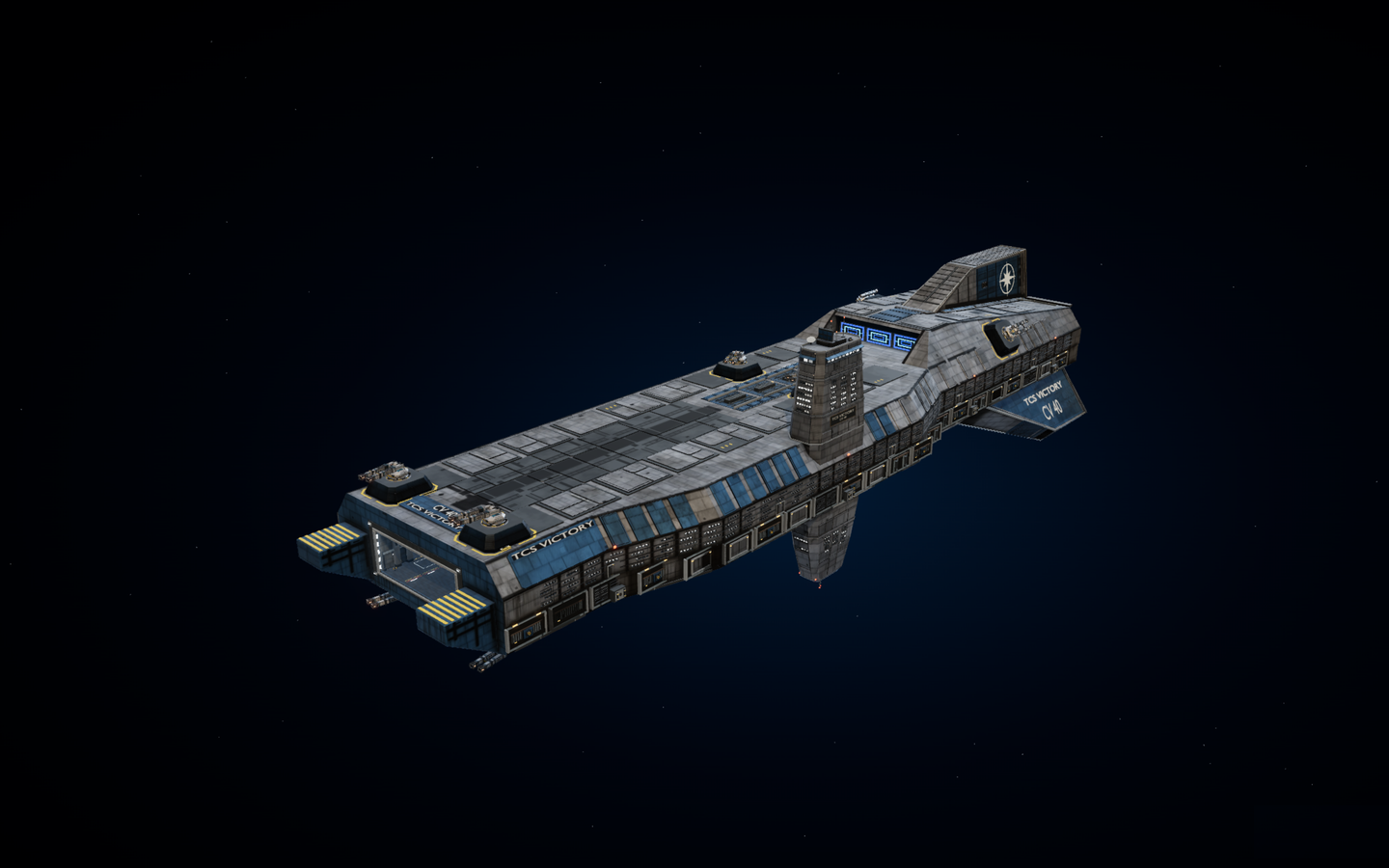 The TCS Victory carrier with recessed dorsal armour and blue collector intakes